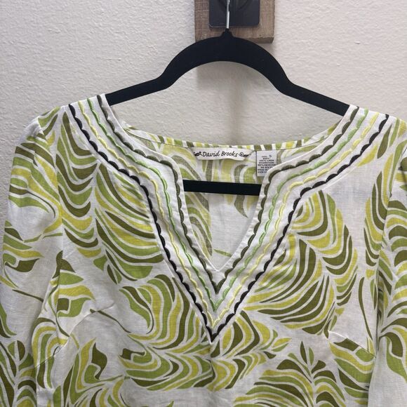 David Brooks Women's Small 100% Linen Blouse Tropical Bohemian Green Shades - Picture 2 of 9